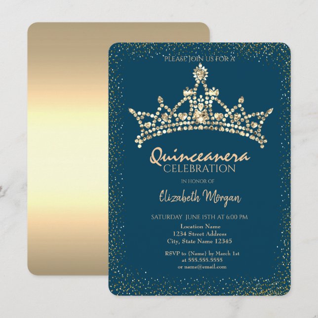 Chic Gold Diamonds Crown Blue Quinceañera  Invitation (Front/Back)