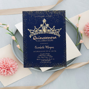 Chic Gold Diamonds Crown Navy Blue Quinceañera  Invitation