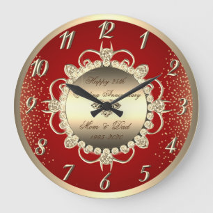 Chic Gold Diamonds Red 25th Wedding Anniversary Large Clock