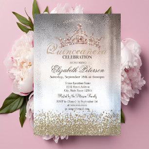 Chic Gold Diamonds,Tiara Metallic Quinceañera  Invitation