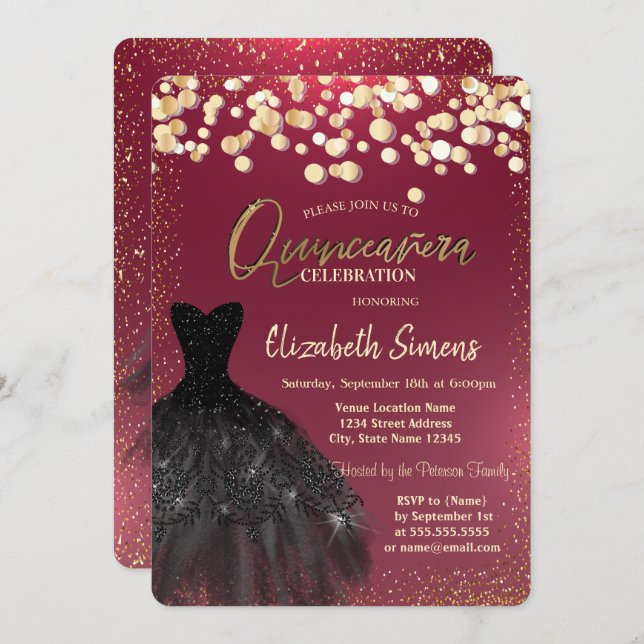 Chic Gold Dots,Black Dress Burgundy Quinceañera  Invitation (Front/Back)