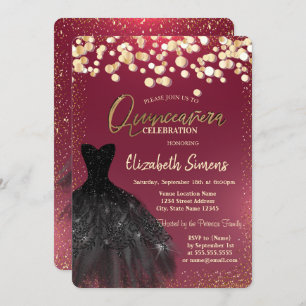 Chic Gold Dots,Black Dress Burgundy Quinceañera Invitation