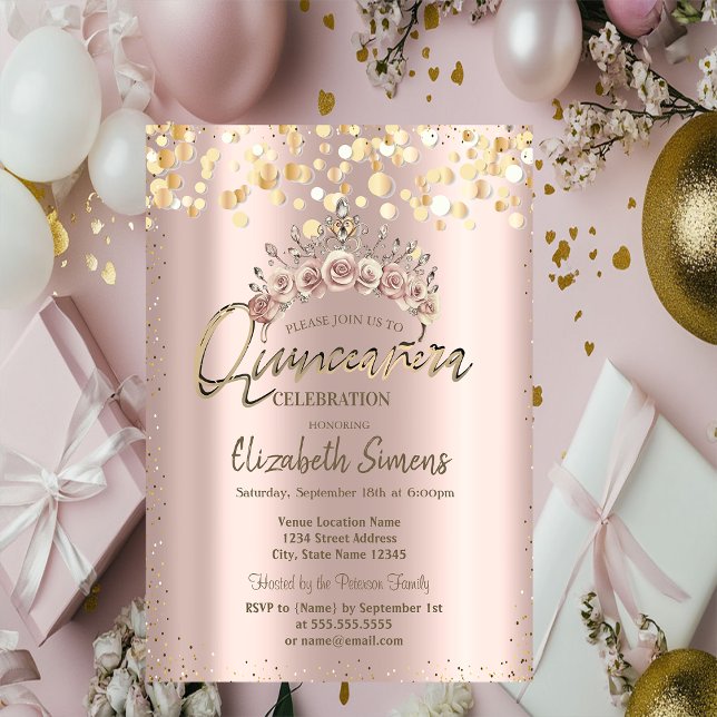 Chic Gold Dots, Floral Tiara Quinceañera  Invitation (Creator Uploaded)