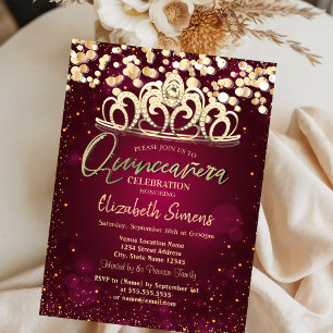 Chic Gold Dots,Tiara Burgundy Quinceañera Invitation
