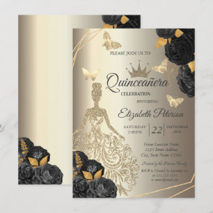 Chic Gold Dress,Butterfly Black Roses Quinceañera Invitation