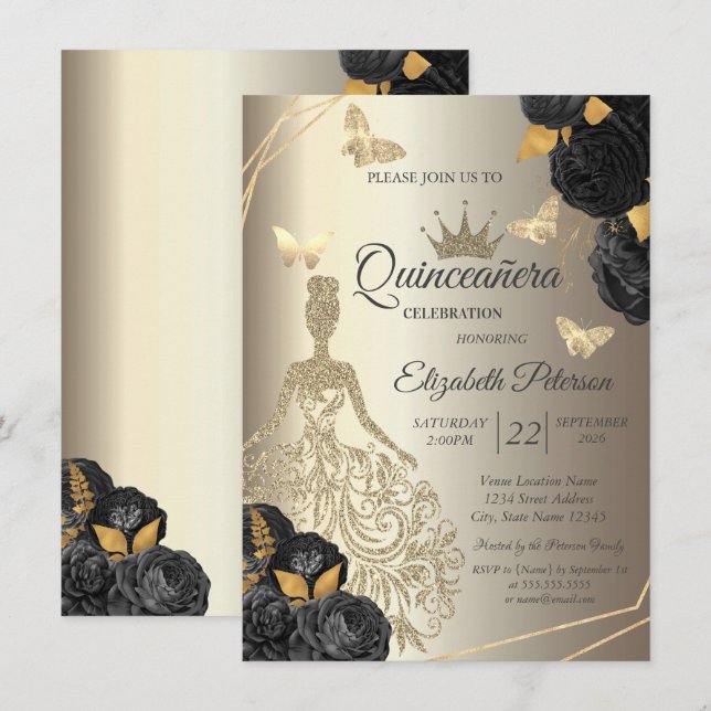 Chic Gold Dress,Butterfly Black Roses Quinceañera Invitation (Front/Back)