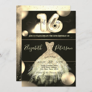 Chic Gold Dress Confetti Dots Sweet 16 Invitation