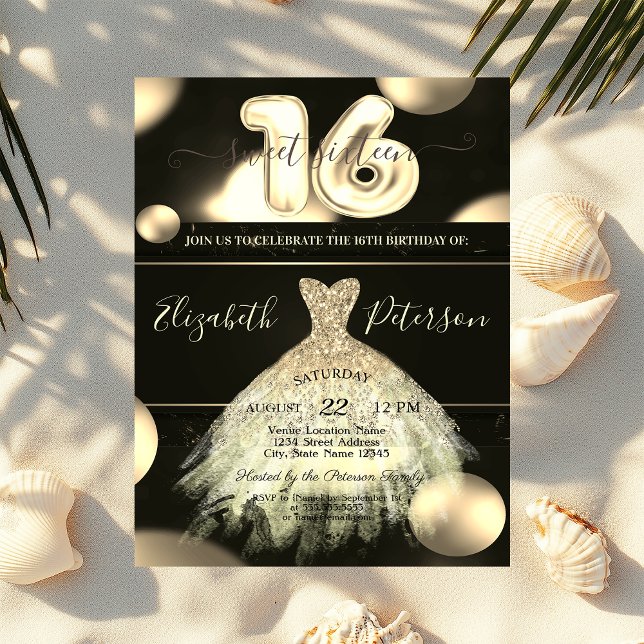 Chic Gold Dress Confetti Dots Sweet 16 Invitation (Creator Uploaded)