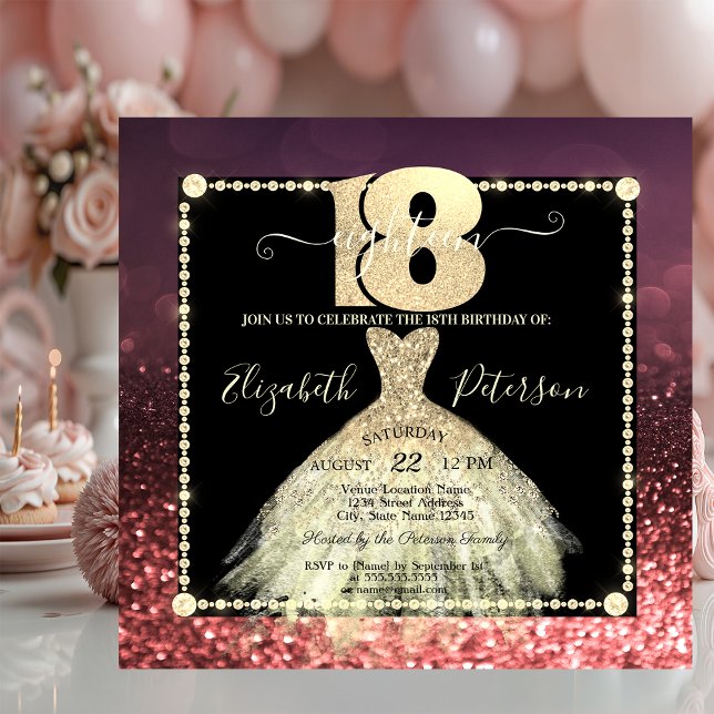Chic Gold Dress Glitter Burgundy 18th Birthday Invitation (Creator Uploaded)