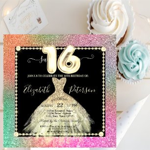 Chic Gold Dress Glitter Colourful Sweet 16 Invitation