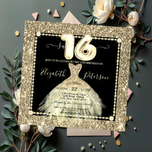 Chic Gold Dress Glitter Sweet 16 Invitation