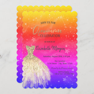 Chic Gold Dress Stars Galaxy Colourful Quinceañera Invitation