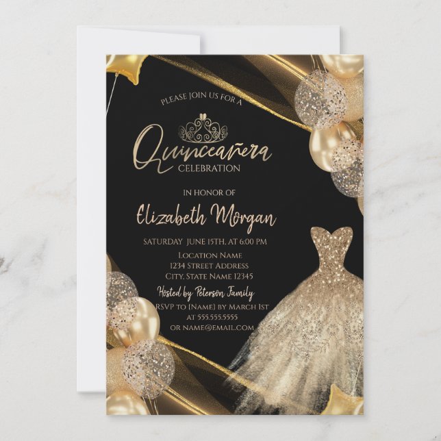 Chic  Gold Dress Tiara Balloons Quinceañera Invitation (Front)