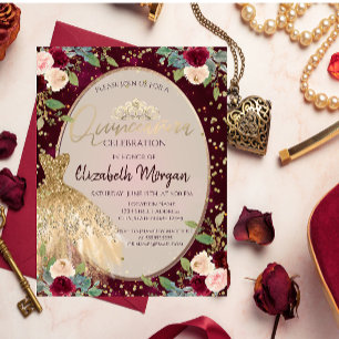 Chic Gold Dress Tiara,Burgundy Roses Quinceañera   Invitation
