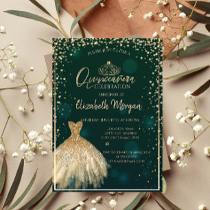 Chic Gold Dress Tiara,Diamonds Green Quinceañera  Invitation
