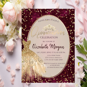 Chic Gold Dress Tiara, Red Quinceañera Invitation
