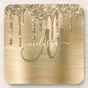 Chic Gold Dripping Glitter Brushed Metal Monogram Coaster