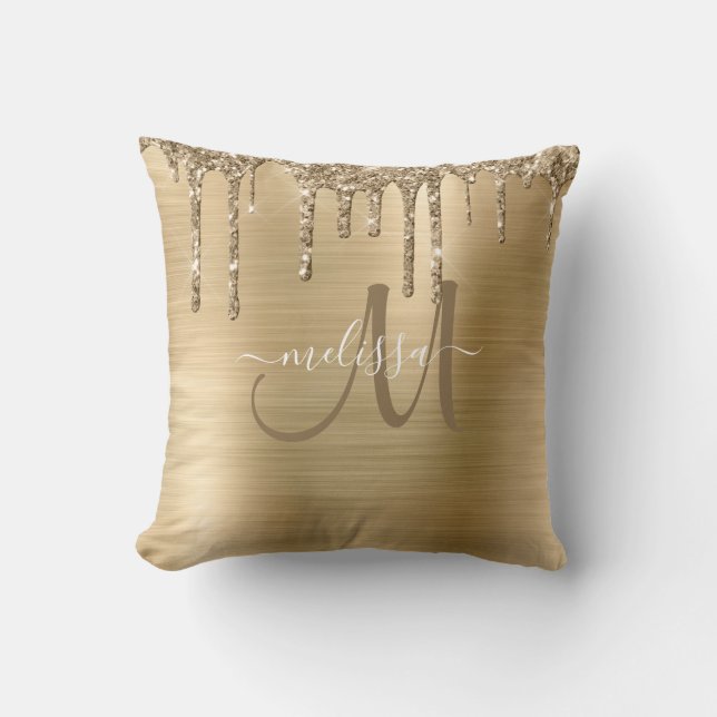 Chic Gold Dripping Glitter Brushed Metal Monogram Cushion (Front)