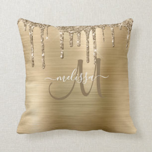 Chic Gold Dripping Glitter Brushed Metal Monogram Cushion