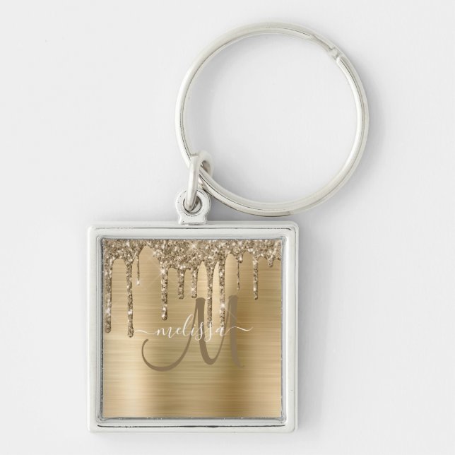Chic Gold Dripping Glitter Brushed Metal Monogram Key Ring (Front)