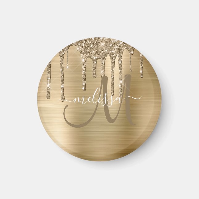 Chic Gold Dripping Glitter Brushed Metal Monogram Magnet (Front)