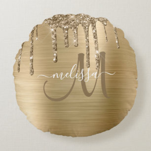 Chic Gold Dripping Glitter Brushed Metal Monogram Round Cushion