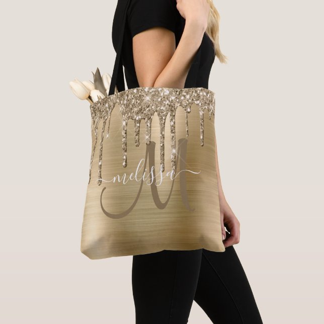 Chic Gold Dripping Glitter Brushed Metal Monogram Tote Bag (Close Up)