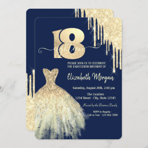 Chic Gold Drips Dress Navy Blue 18th Birthday Invitation