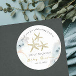 Chic Gold Dusky Blue Beachy Starfish Baby Shower Classic Round Sticker<br><div class="desc">For any further customisation or any other matching items,  please feel free to contact me at yellowfebstudio@gmail.com</div>