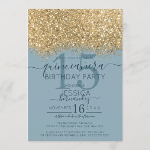 Chic Gold Dusty Blue Glitter Confetti Quinceañera Invitation