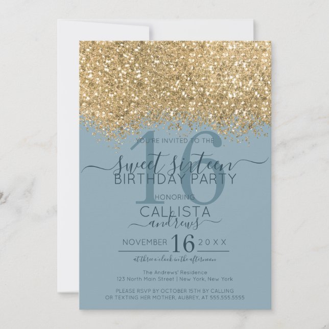 Chic Gold Dusty Blue Glitter Confetti Sweet 16 Invitation (Front)