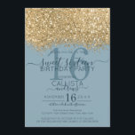 Chic Gold Dusty Blue Glitter Confetti Sweet 16 Invitation<br><div class="desc">The elegant, glamourous, and modern sweet sixteen birthday party invitation is perfect for the contemporary and stylish young teenage girl. It features a faux printed gold sparkly glitter confetti speckled colour block on top of a simple dusty blue background with a large number "16" in a matching gold-tone. The back...</div>