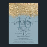 Chic Gold Dusty Blue Glitter Confetti Sweet 16 Invitation<br><div class="desc">The elegant, glamourous, and modern sweet sixteen birthday party invitation is perfect for the contemporary and stylish young teenage girl. It features a faux printed gold sparkly glitter confetti speckled colour block on top of a simple dusty blue background with a large number "16" in a matching gold-tone. The back...</div>
