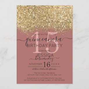 Chic Gold Dusty Rose Glitter Confetti Quinceañera Invitation