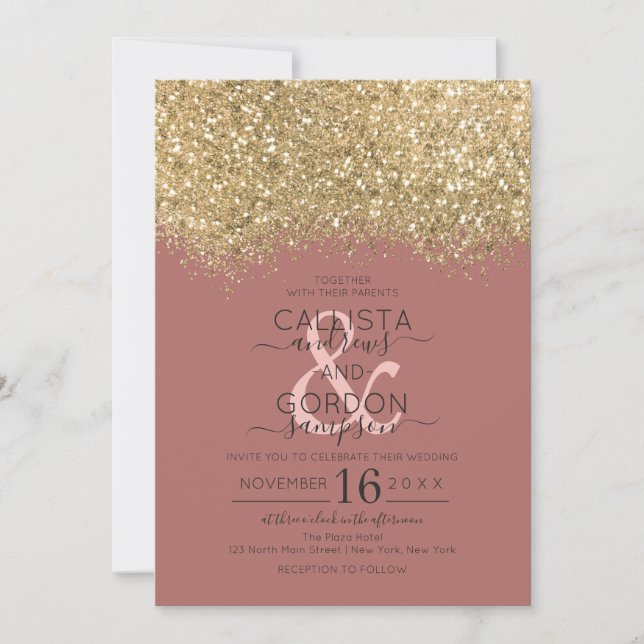 Chic Gold Dusty Rose Glitter Confetti Wedding Invitation (Front)