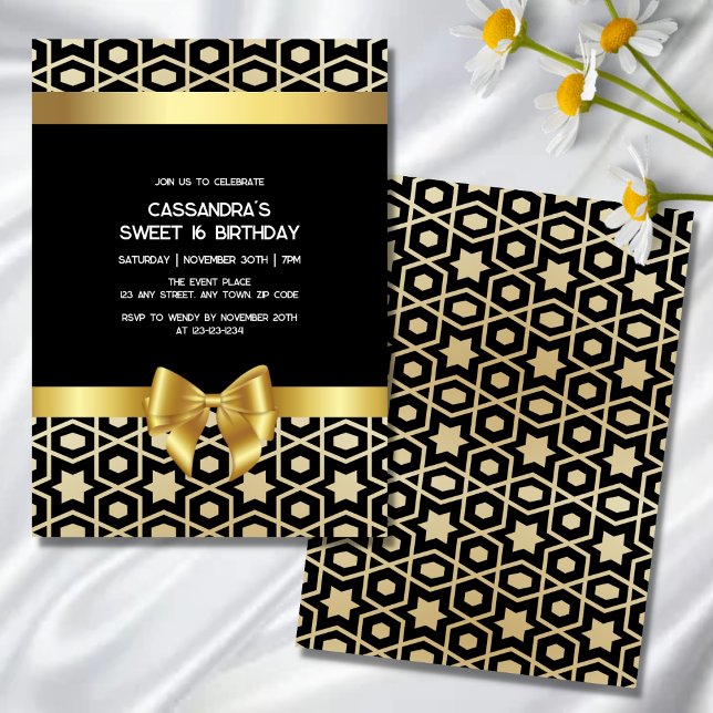 Chic Gold Egypt Geometric Gold Bow 16th Birthday Invitation (Creator Uploaded)
