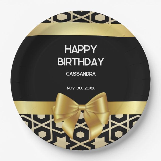 Chic Gold Egypt Geometric Gold Bow Happy Birthday Paper Plate (Front)