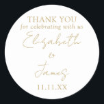 Chic Gold Elegant Script Wedding Thank You Classic Round Sticker<br><div class="desc">This gold minimalist elegant script wedding thank you sticker can be personalised with your information in chic typography. Designed by Thisisnotme©</div>