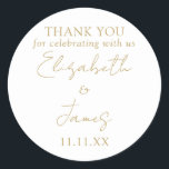 Chic Gold Elegant Script Wedding Thank You Classic Round Sticker<br><div class="desc">This gold minimalist elegant script wedding thank you sticker can be personalised with your information in chic typography. Designed by Thisisnotme©</div>
