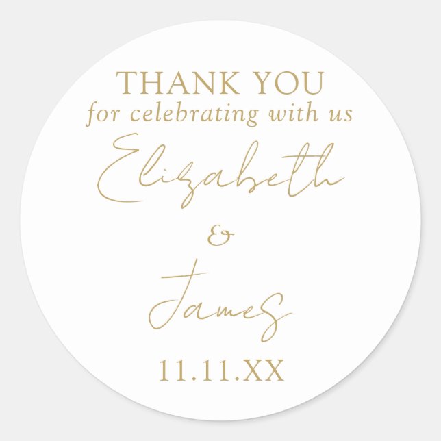Chic Gold Elegant Script Wedding Thank You Classic Round Sticker (Front)