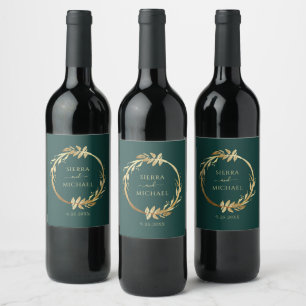 Chic Gold Emerald Green Eucalyptus Wreath Wedding Wine Label