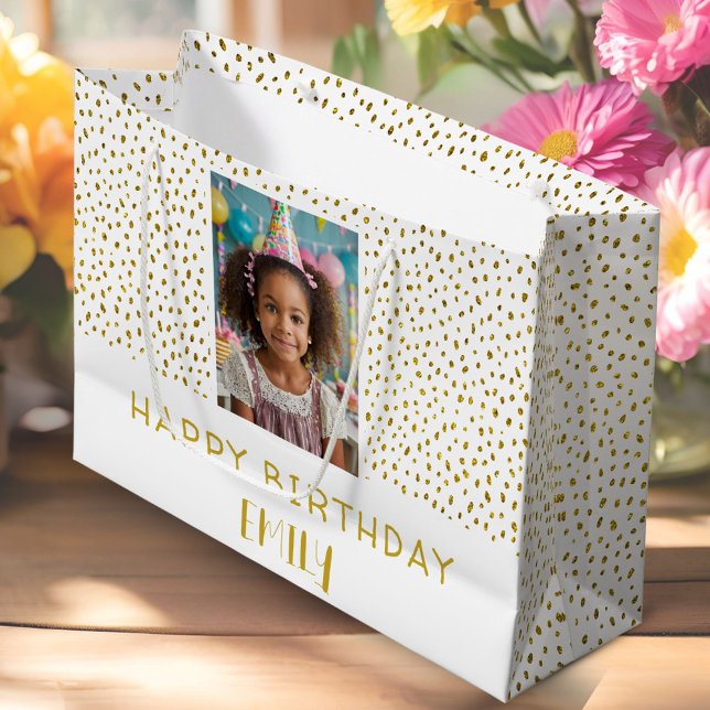 Chic Gold Faux Glitter Birthday Kids Girl Photo Large Gift Bag (Creator Uploaded)