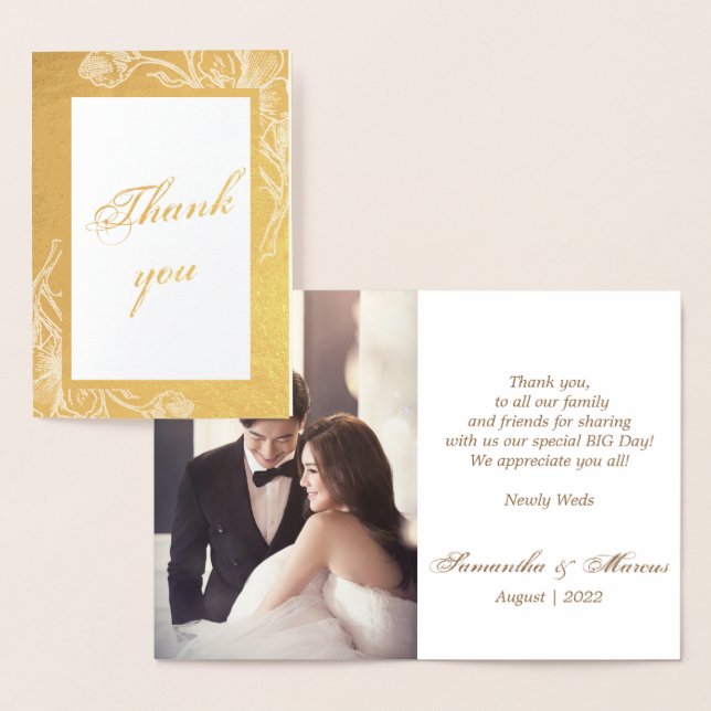 Chic Gold Faux Metal Photo Wedding Thank You Real Foil Card (Display)