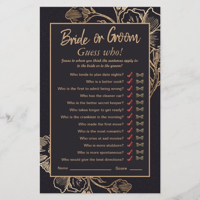 Chic Gold Faux Metal Roses Bridal Shower Game (Front)