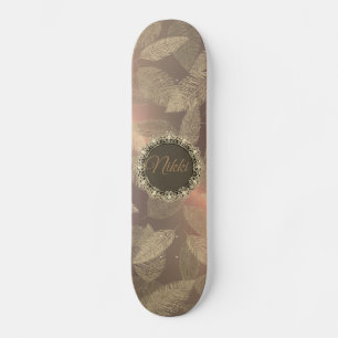 Chic Gold Feathers on Gold Rose Personalised       Skateboard
