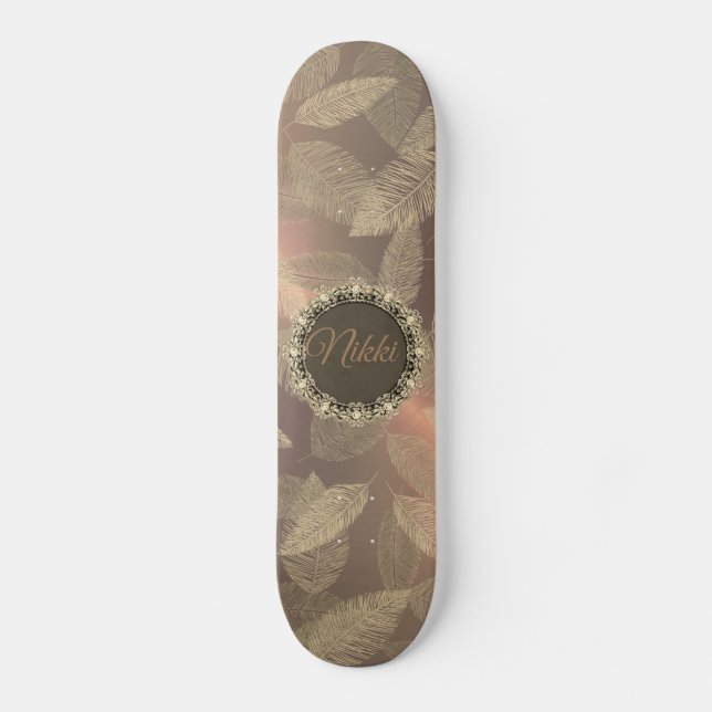 Chic Gold Feathers on Gold Rose Personalised       Skateboard (Front)