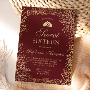 Chic gold floral burgundy Tiara chic Sweet 16 Invitation