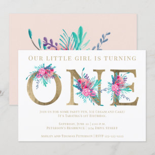 Chic gold floral letter 1st birthday blush pink invitation