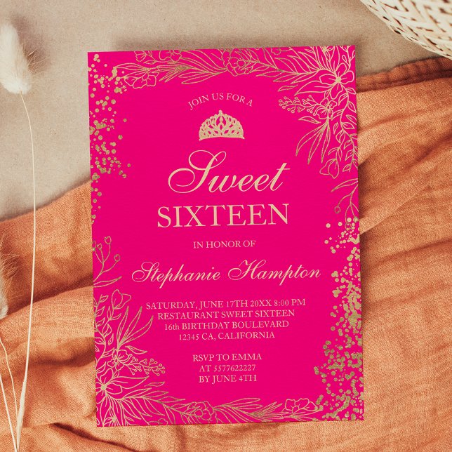 Chic gold floral neon pink Tiara chic Sweet 16 Invitation (Chic gold floral neon pink Tiara chic Sweet 16 Invitation)