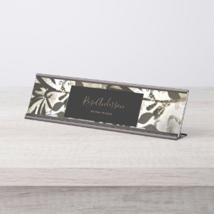 Chic Gold Floral Pattern Typography Script Desk Name Plate